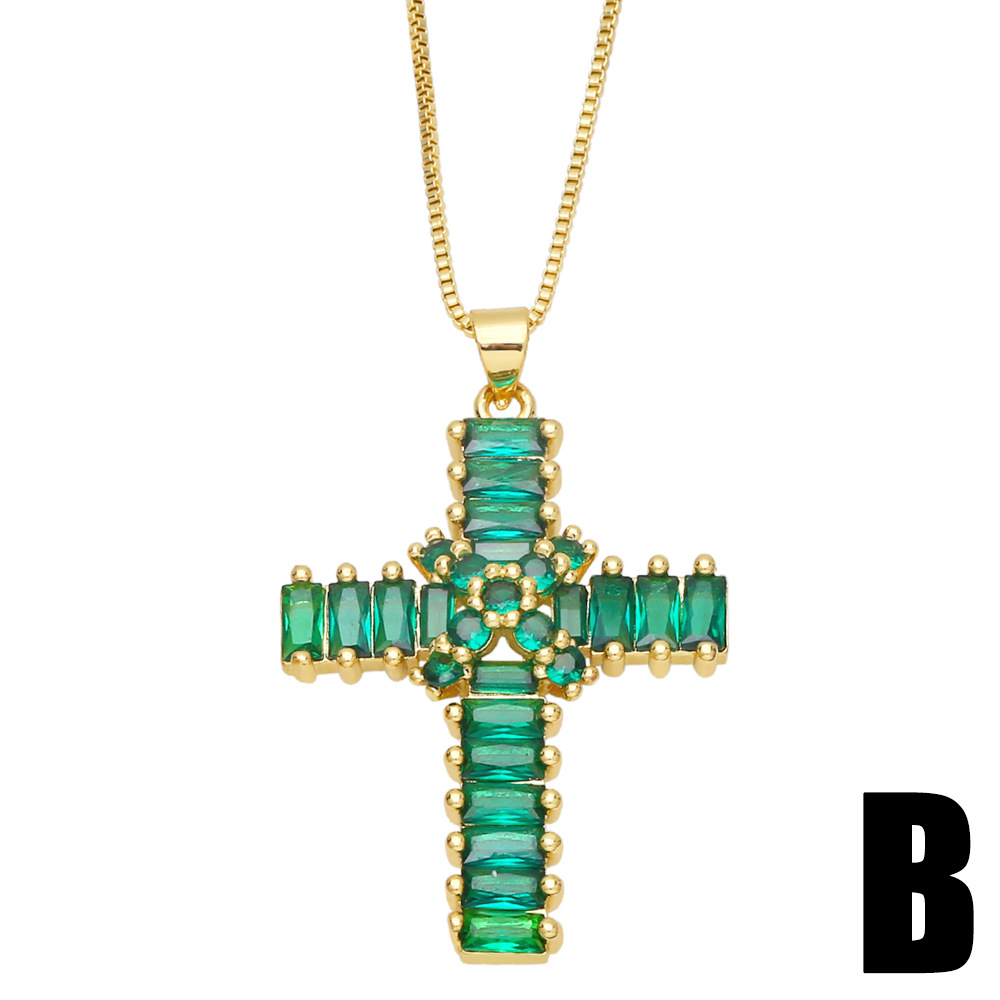 fashion Cross Green Zircon Copper 18K Gold-plated Necklace