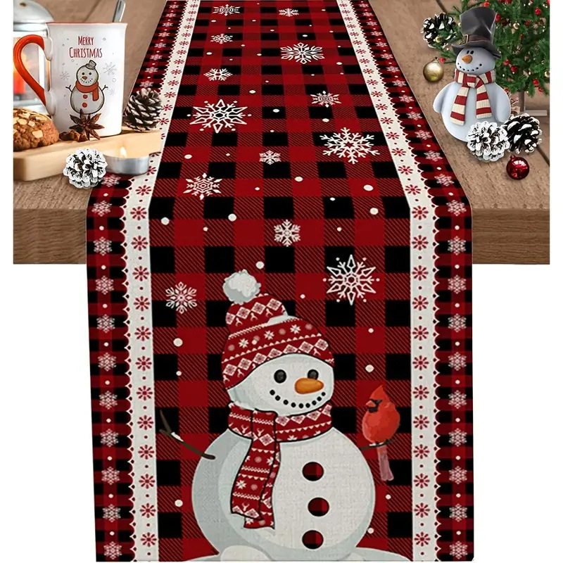 Camino de mesa navideño con estampado de muñeco de nieve y Santa