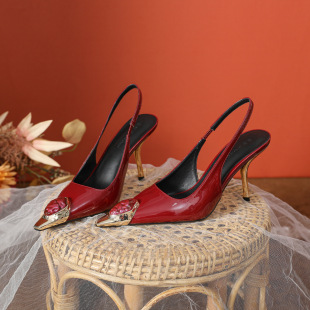 Spring and Summer Beautiful French Patent Leather wine red High-heeled Shoes 7cm Pointed Toe Stiletto Roman Rear Empty Sandals for Women