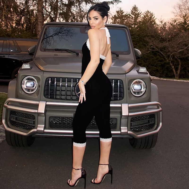 Women's Clothing Fashionable Sexy Lace Trim Slim Fit Back Hollow Out Tie Jumpsuit Summer New Arrival_ecoleips.com