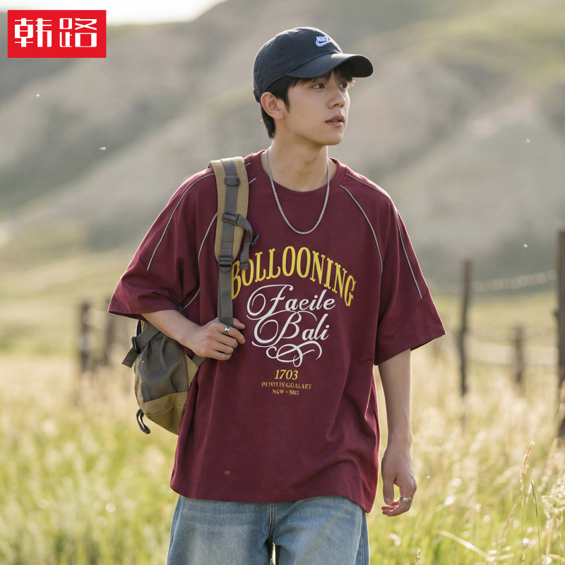 Casual Outdoor American-Style Color-Blocking Printed Short-Sleeve T-Shirt for Men, Summer Trendy Brand with Reflective Strip Design, Pure Cotton Tee Shirt Casual Outdoor American-Style Color-Blocking Printed Short-Sleeve T-Shirt for Men, Summer Trendy Brand with Reflective Strip Design, Pure Cotton Tee Shirt