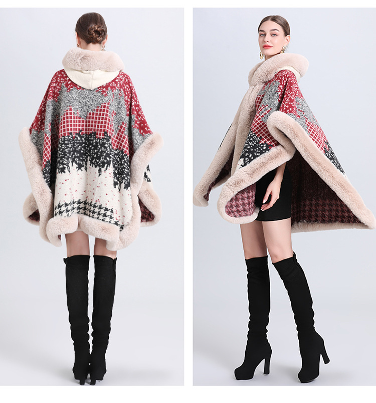 Jacquard Fransen Kapuzenumhang Cape locker gestrickte Strickjacke Übergröße Wollmantel_voghion.com