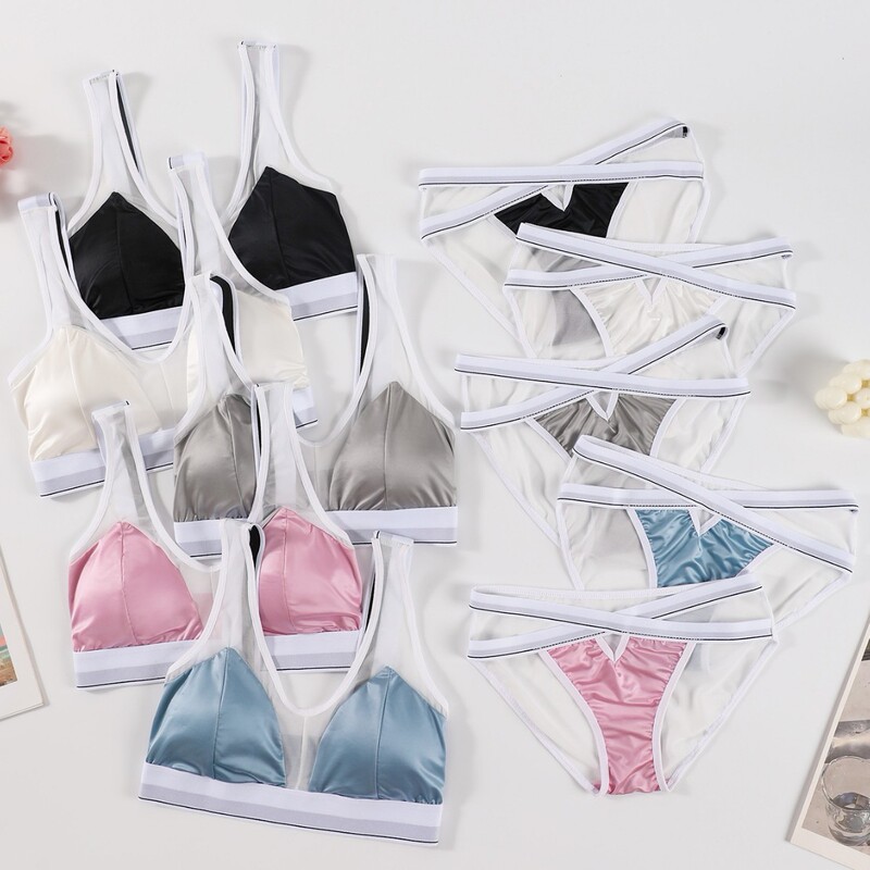 New Satin Contrast High Elastic Breathable Comfortable Silky Soft Wide Shoulder Belt Triangle Cup Bra Briefs suit Women