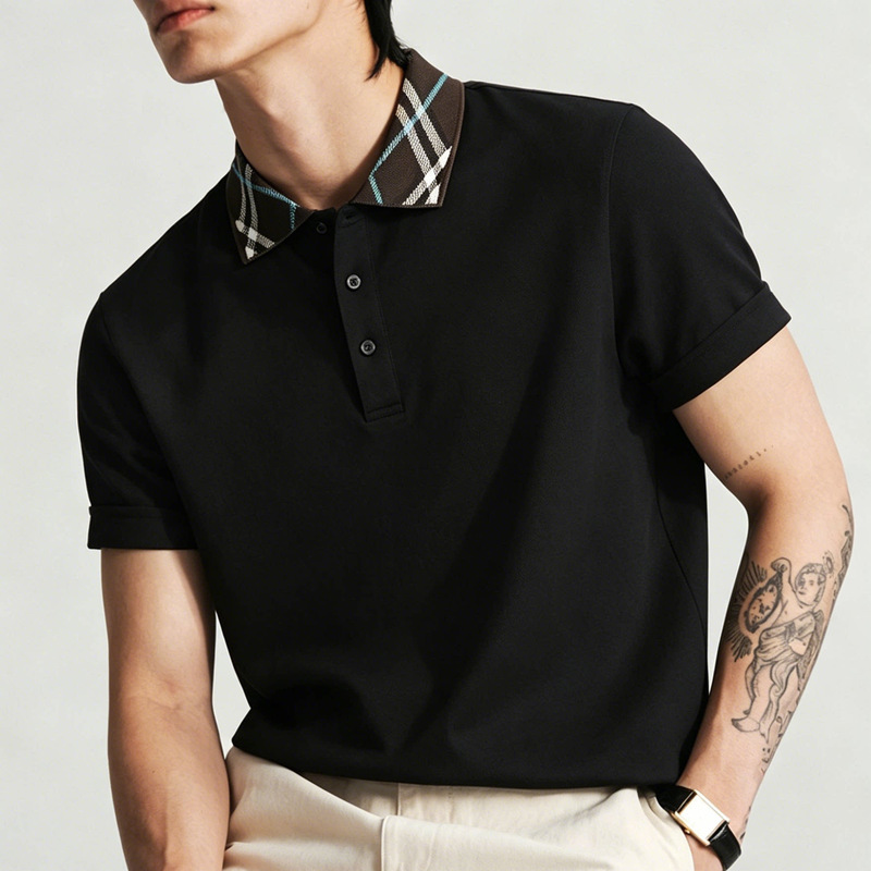 [in Stock, Ships Instantly] Men's Stylish Color-Blocked Polo Shirt with Plaid Collar, Breathable Trendy Short-Sleeve Men's Fashion Top