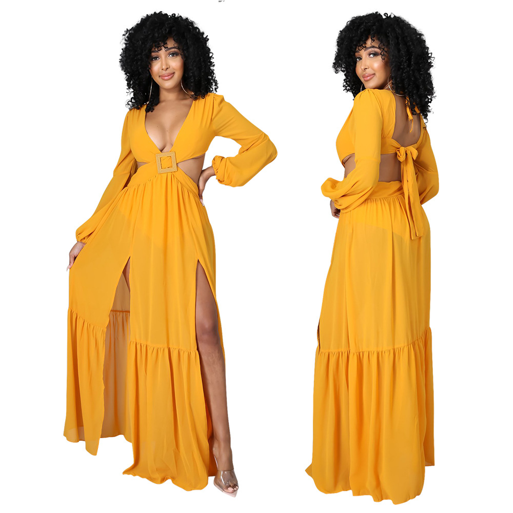 deep V-neck long-sleeved irregular pure dress wholesale clothing vendor Nihaostyles NSCYF68248