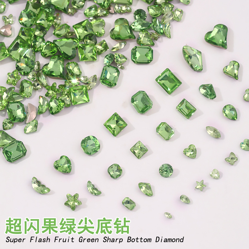 Nail diamond jewelry green pointed bottom shaped diamond super flash fat square crooked heart candy peach heart fruit green glass nail jewelry Nail diamond jewelry green pointed bottom shaped diamond super flash fat square crooked heart candy peach heart fruit green glass nail jewelry