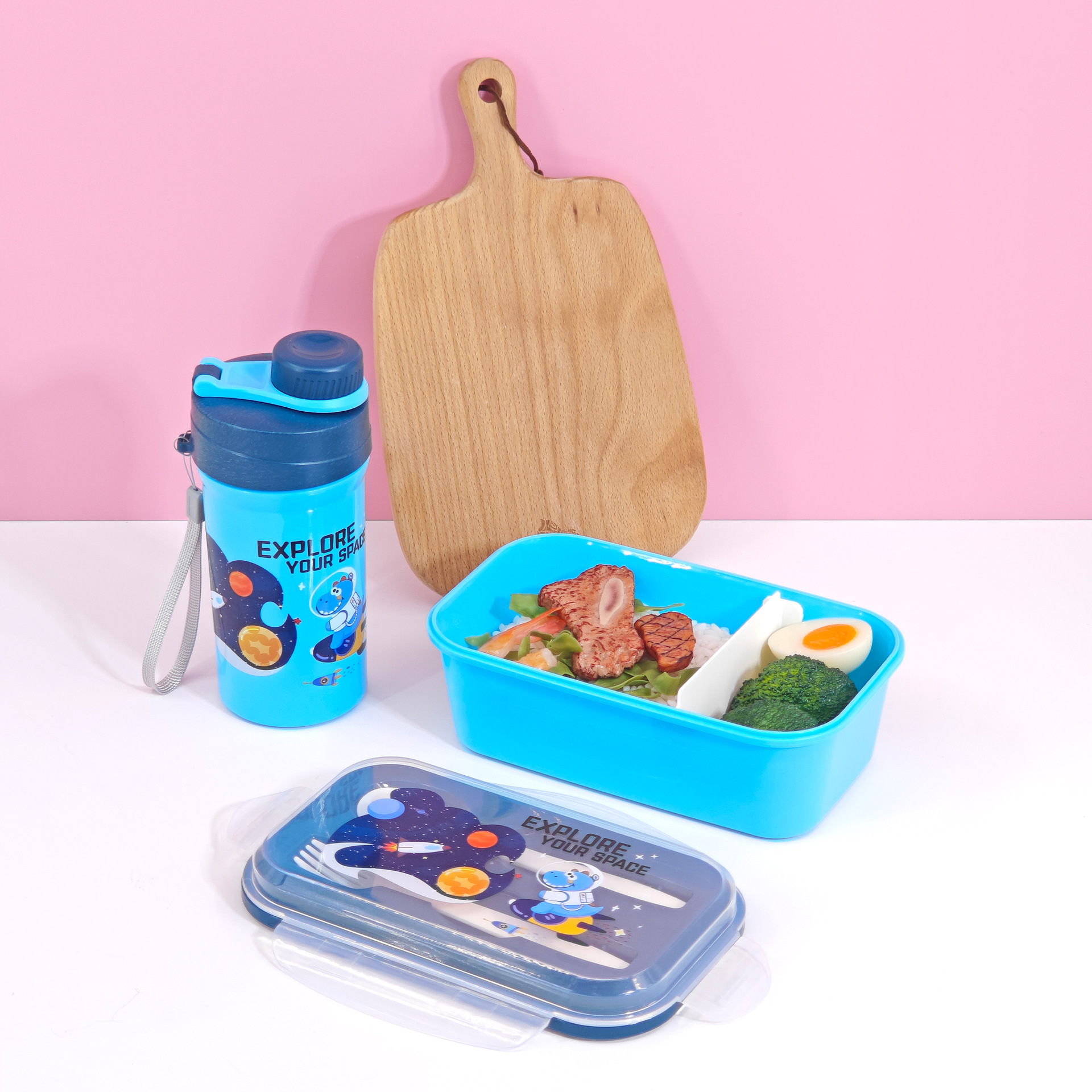 Nuevos productos sin franqueo para niños caja de almuerzo set hervidor de agua escuela de dibujos animados de plástico caja de almuerzo portátil de doble capa caja de almuerzo