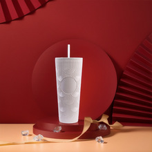 新款双层渐变塑料吸管水杯大容量炫彩仙人掌杯车载便携咖啡杯批发