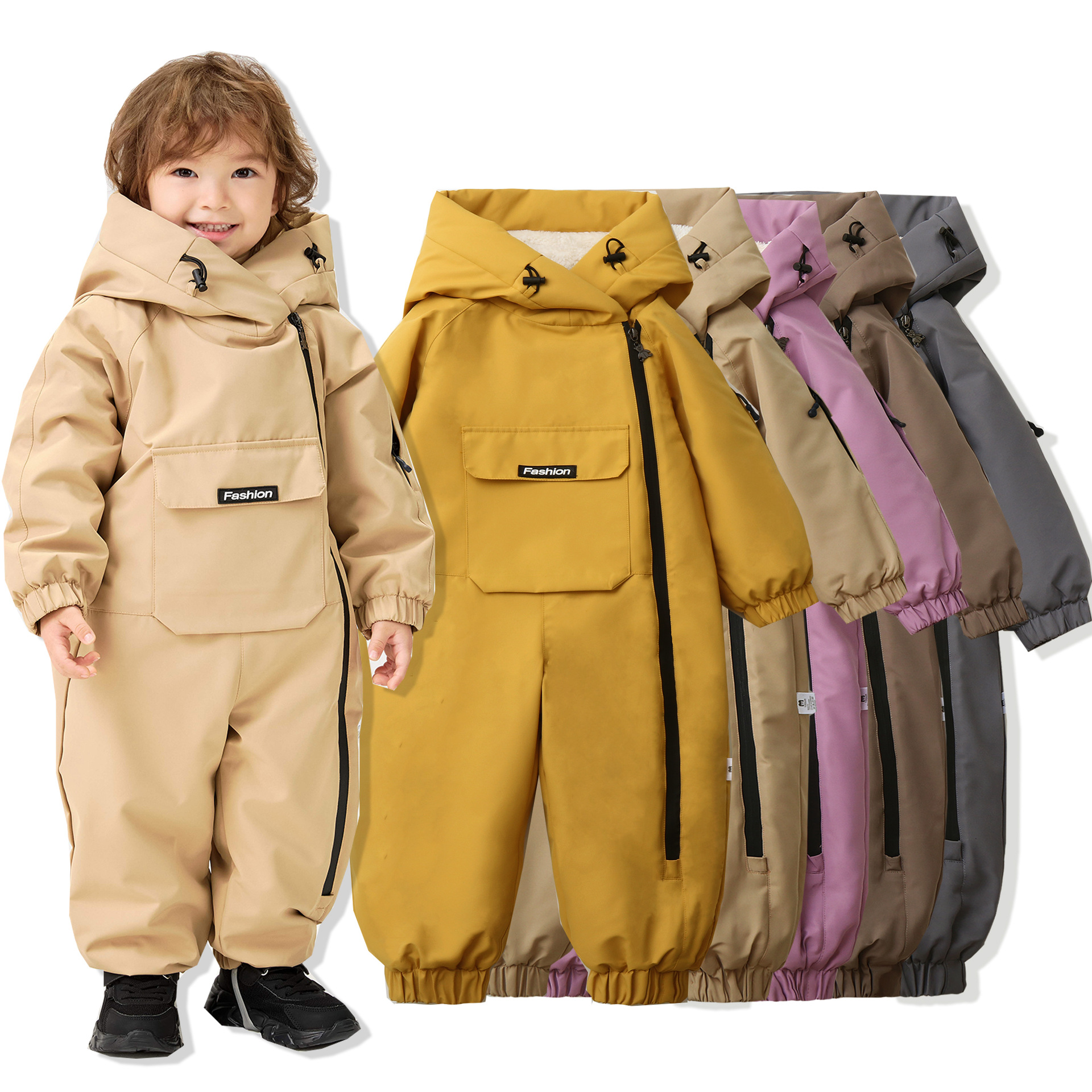 Cross-Border Exclusive Supply of Hooded Fleece-Lined Thickened Ski Suits, Children's One-Piece Overalls, 2026 Winter New Model Baby Crawling Suits