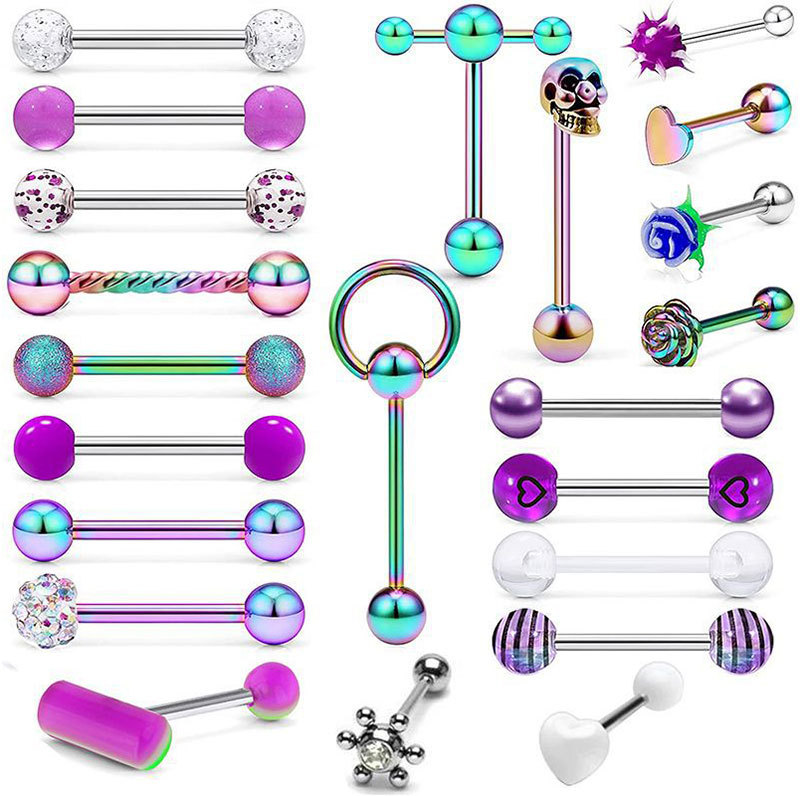 Stainless Steel Tongue Nail 22 Piece Set Amazon Hot Straight Rod Mixed 4 Color Optional Tongue Ring Piercing Jewelry for Quick Sale detail image 7