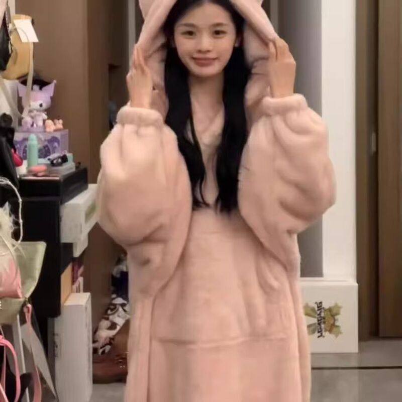 网红新款粉色猫咪珊瑚绒睡衣女冬季连帽长款睡袍美少女宿舍家居服|undefined