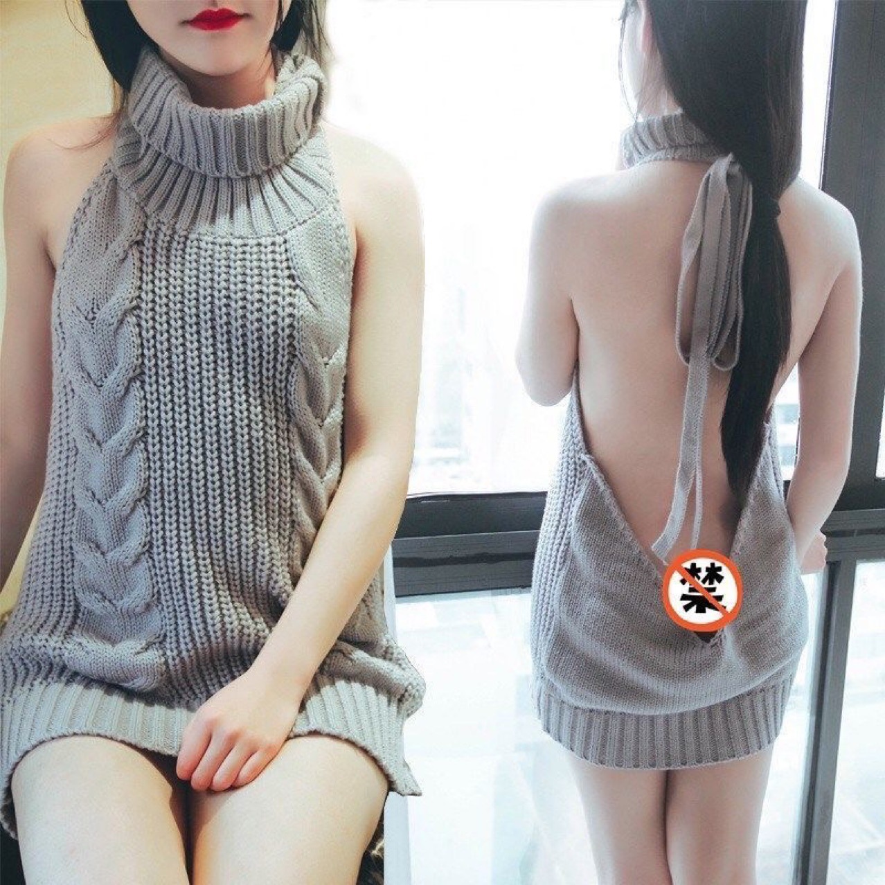 Backless High-Neck Sleeveless Roleplay Pajama Costume, Black One Size — detail image 1