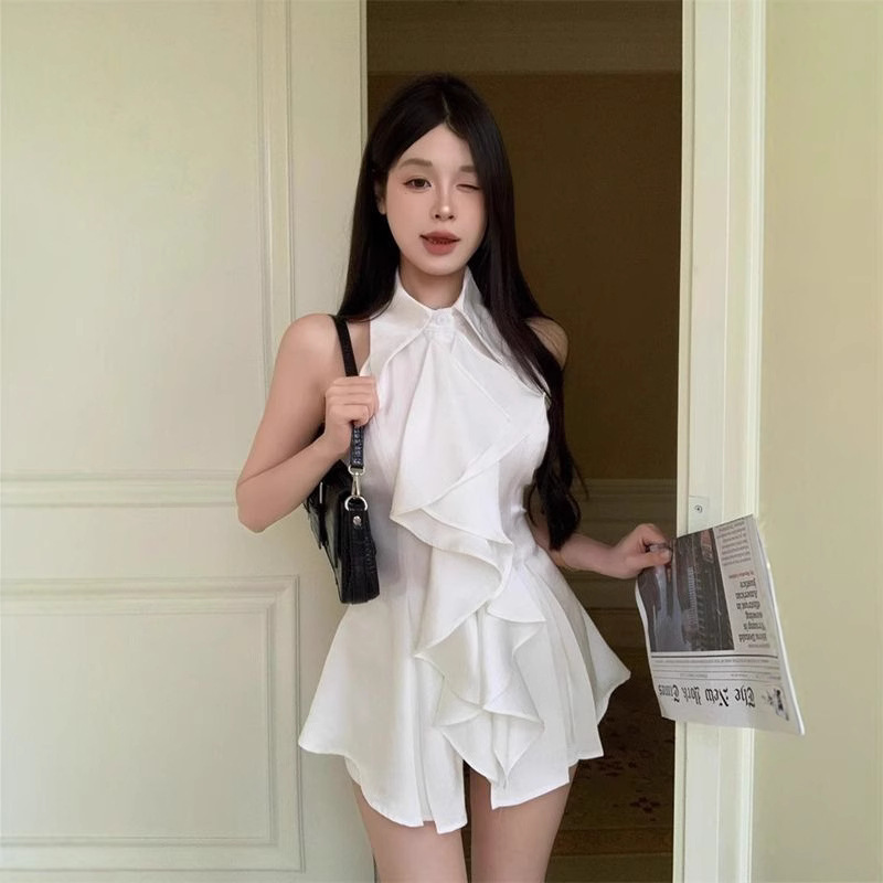 Cross-Border Wholesale Ruffled Sleeveless Shirt Dress Top Women's Summer French Style Mid-Length Waist Slimming Trendy