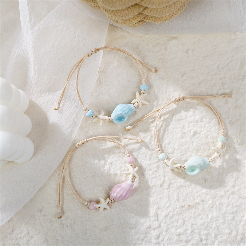 Cute Little Fresh Starfish Ceramic Conch Couple Braided Bracelet Ocean Series Hand-Woven Rope Ceramic Bracelet for Women