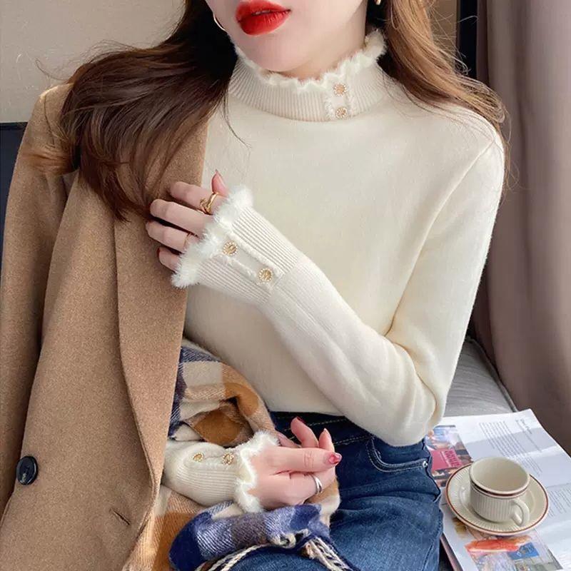 [シープカシミア] カシミアレディースセーター、ハーフタートルネック、ベルベット厚手セーター、暖かいオールインワンベルベットインナー、ウールボトムシャツ