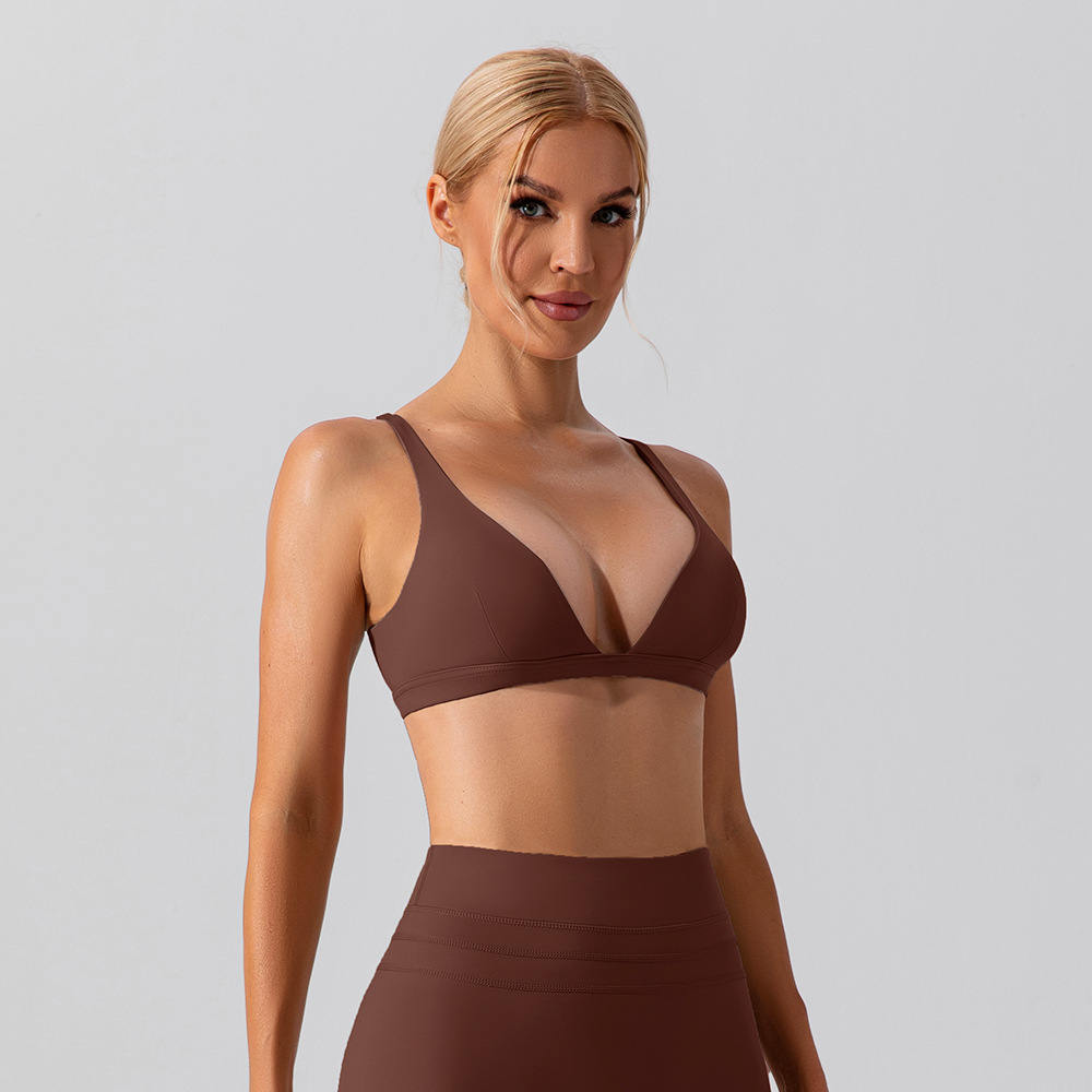 V profundo con cojín de pecho chaleco deportivo de taza triangular conjunto de entrenamiento de fitness al aire libre bra de yoga deportivo de alta elasticidad