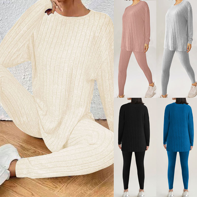 European and American Cross-Border Plus-Size Autumn and Winter Solid Color Round Neck Long-Sleeve Ribbed Fashion Casual Sports Loungewear Two-Piece Set European and American Cross-Border Plus-Size Autumn and Winter Solid Color Round Neck Long-Sleeve Ribbed Fashion Casual Sports Loungewear Two-Piece Set