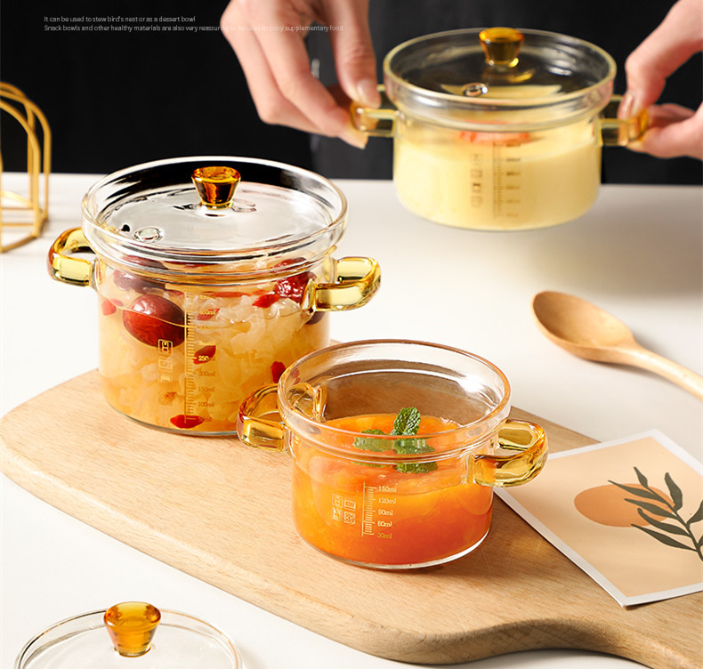 Hogar nido de pájaro guiso tazón de vidrio transparente de borosilicato tazón de huevo al vapor bebé sopa de huevo de doble oreja con tapa tazón de bebé