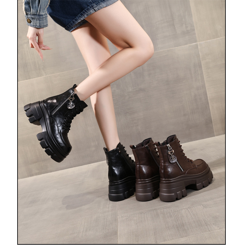 Boot nữ kiểu Anh đế dày nâng chiều cao, cổ ngắn, phong cách retro — Lớp lót nhung đen chi tiết 15