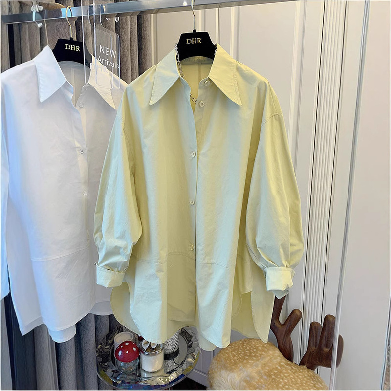 Retro Hong Kong Style Pointed Collar Lantern Sleeve Long-Sleeve Shirt for Women 2026 Autumn and Winter Loose Casual White Shirt with Short Front and Long Back