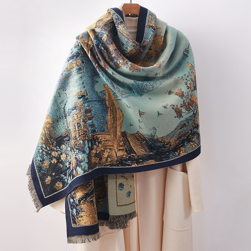 秋冬季新款高级感仿羊绒梵高油画风围巾保暖加厚空调披肩围脖