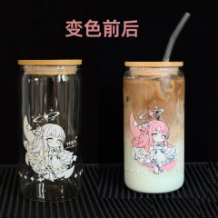 16oz冷变logo玻璃杯可乐杯咖啡杯温变大容量带盖吸管杯创意变色杯
