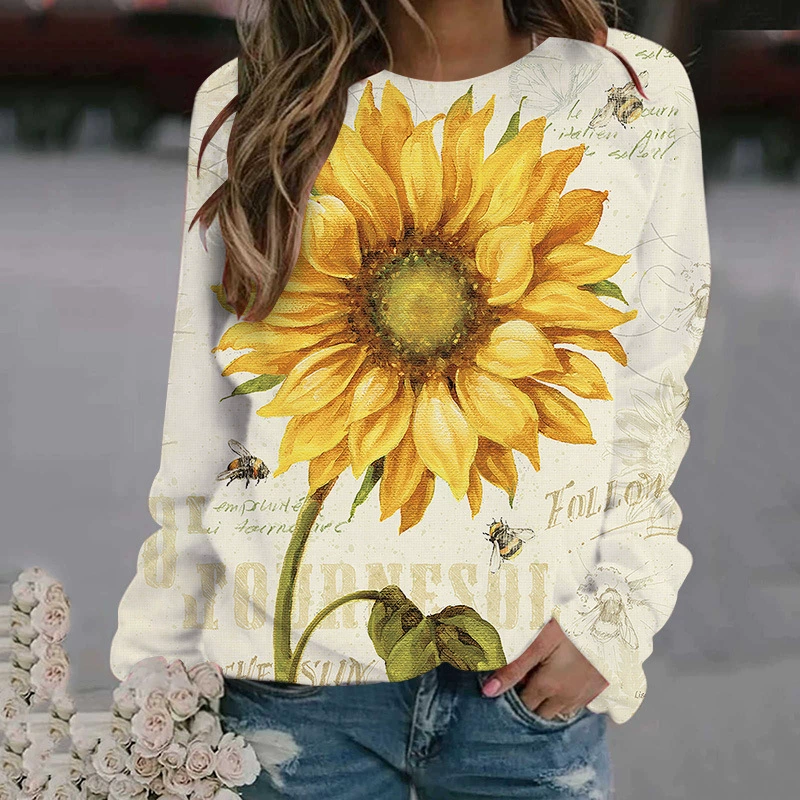 Женская футболка AliExpress на весну и осень 3D цифровая печать на Amazon с круглым вырезом и длинным рукавом