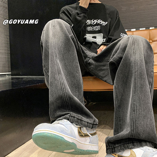 American-style hiphop pants: Winter trendy high-street black and gray denim trousers for men—loose-fit, straight-leg, and featuring a relaxed, flowing wide-leg design.
