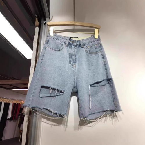 Light Blue Ripped Denim Five-Pocket Women's Summer Korean Version High-Waist Hip-Hop Loose Wide-Legged Plus Size Slimming Versatile Five-Pocket Pants