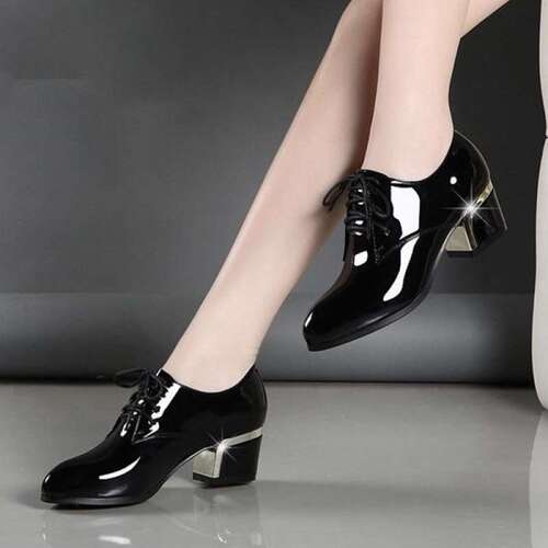 Women's Spring and Autumn Leather Shoes with Laces, Pointed Toe, Medium Heel, Single Strap, Black, British Style Professional Women's Shoes with Thick Heel