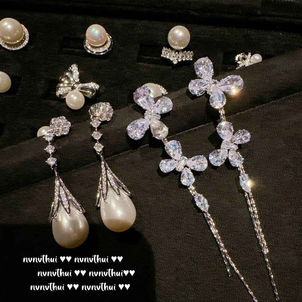 Серьги капля‑жемчуг и бабочка из циркония, винтажный блеск, короткие и длинные варианты