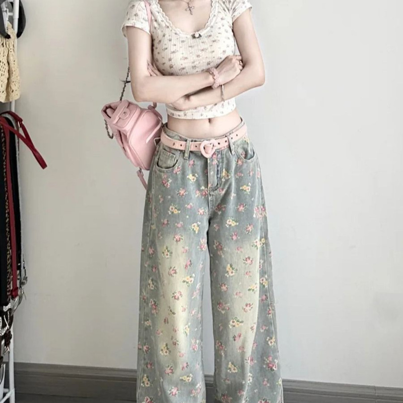 小个子美式复古碎花高腰阔腿牛仔裤女宽松显瘦直筒裤垂感拖地长裤|undefined