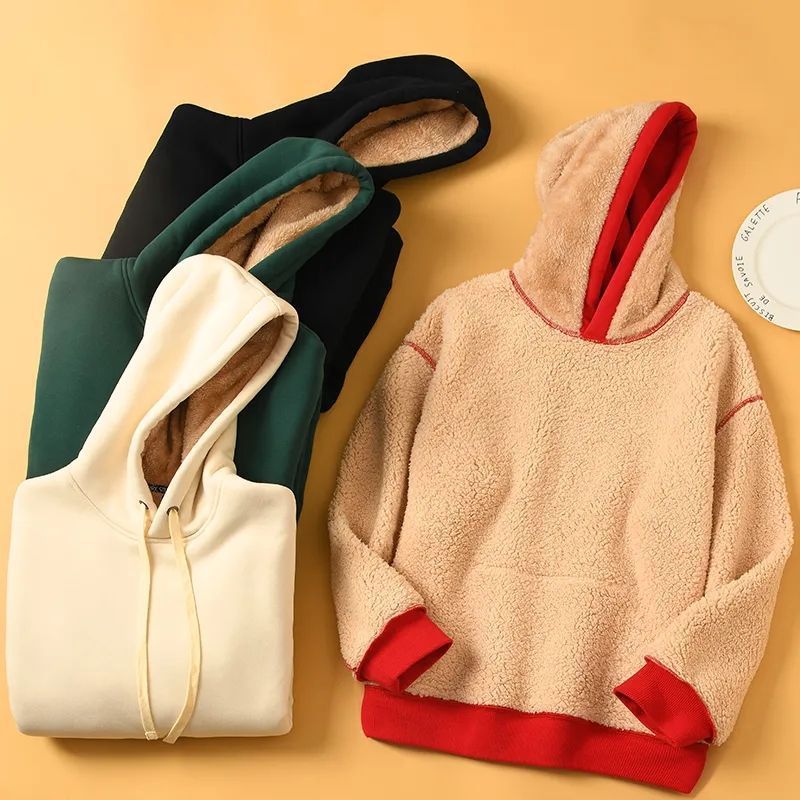 Damenbekleidung Plüsch-Sweatshirt für Herren im Herbst und Winter, dick, locker, große Lammfelljacke mit Kapuze, Oberteile für Herren_voghion.com
