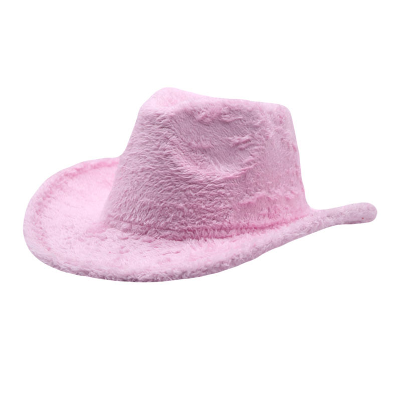 Plush brim top hat pink Western cowboy hat for women autumn and winter New European and American fashion big brim sun-proof felt hat