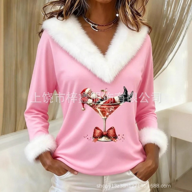 2023 European and American Cross-Border Women's Clothing Amazon Autum New Christmas Printed Fur Collar Spliced ​​V-Neck Women's T-Shirt