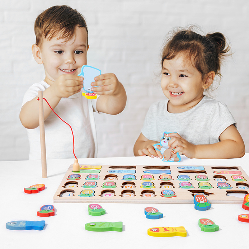 Educación temprana de madera para niños Alfabeto magnético Pesca Color Cognición Juego de rompecabezas interactivo de escritorio práctico