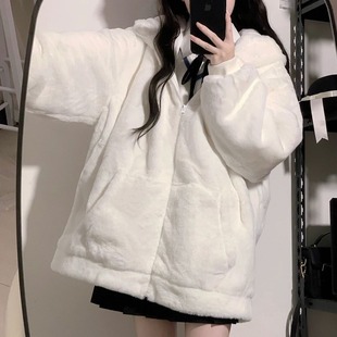 Breathing rabbit fur plush coat women's cardigan winter Korean version student cute loose lazy style hooded ins trend