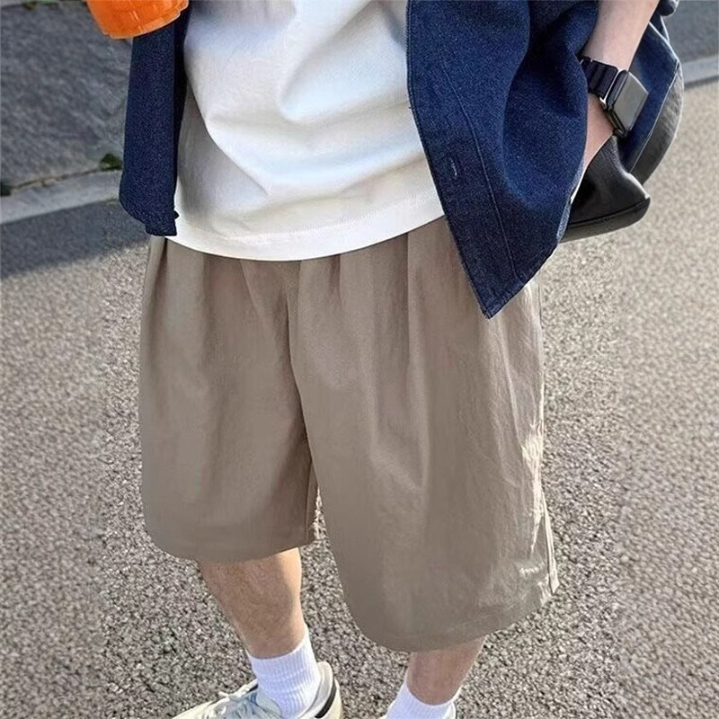 Khaki Cargo Wide-Leg Five-Point Pants Men's Trendy Brand Handsome Straight Casual Pants American Retro Sports Shorts