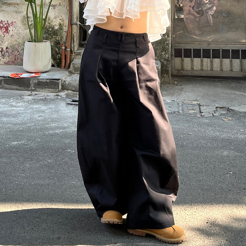美式街头风辣妹褶皱低腰阔腿长裤秋冬新品宽松时尚黑色休闲裤批发|undefined