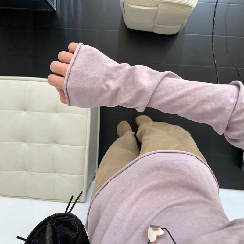 春秋季微透长袖防晒罩衫淡紫色欧若风恤女薄款卷边修身打底上衣|undefined