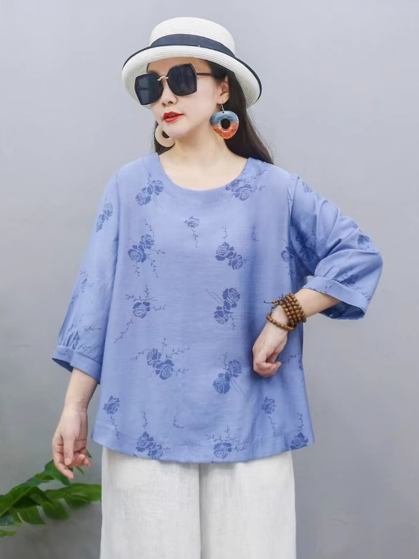 2025 nueva camiseta china de mujer impresa suelta de manga corta camiseta de verano camiseta de base de cuello redondo literaria