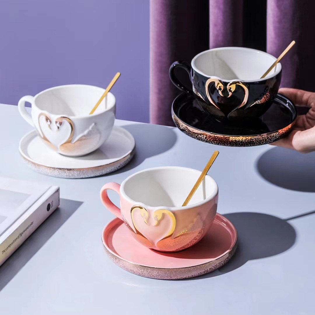 Creativo personalizado en relieve Cisne taza de café estilo nórdico taza y platillo traje simple tarde té regalo