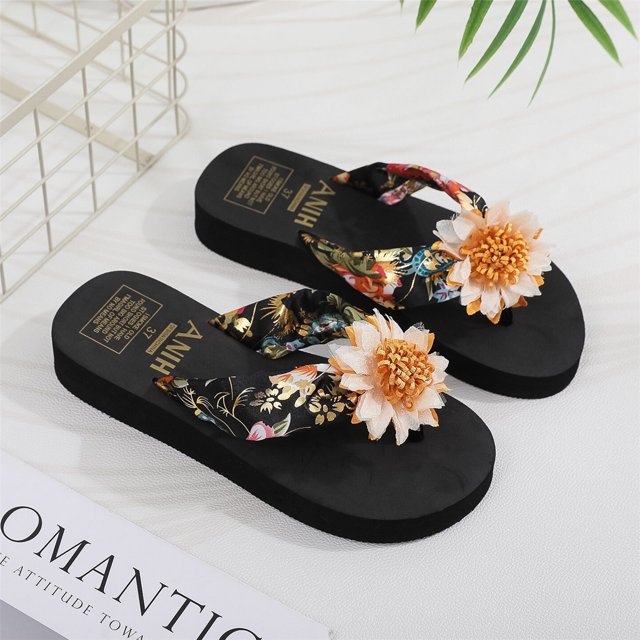Summer Flip-Flops for Women, Bohemian Satin Cloth Straps, Casual Slender Heels, Beach Slippers for Women, Ethnic Style Slippers