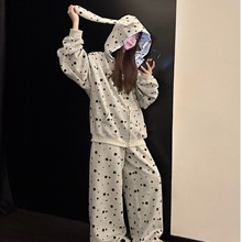 美式宽松慵懒风休闲套装女秋星星印花兔耳朵连帽卫衣卫裤两件套