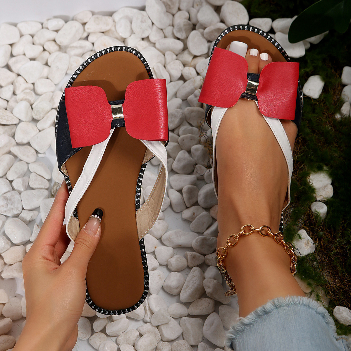 Women's Plus Size Color Blocked Suede PU Sandals Size 43 Flat Bow Tie Summer Beach Shoes Brown Rubber Sole_voghion.com