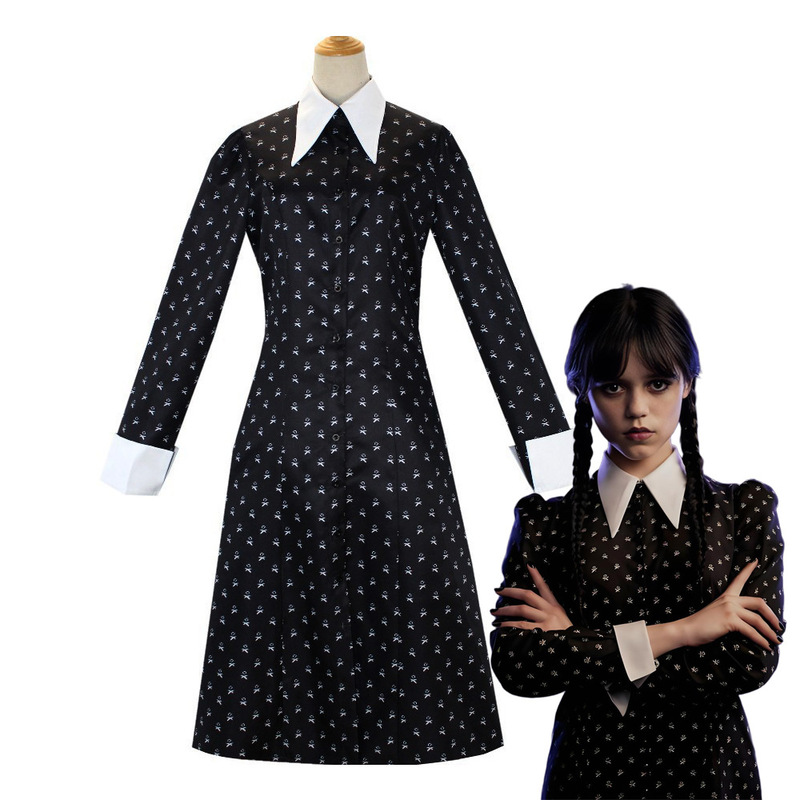 Halloween Addams Family Cosplay Costume Wednesday Dress Cosplay in Stock School Uniform Dress