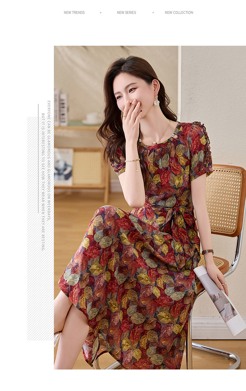 Váy liền hoa maxi nữ thắt eo thanh lịch mùa hè 2025 tay ngắn ôm eo — hoa đỏ, hoa hồng chi tiết 10