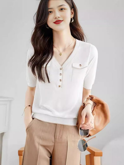 Small Fragrant Ice Silk Short-sleeved T-shirt for Women Summer Thin Tencel Knitwear Black V-neck T-shirt with Mulberry Silk Top