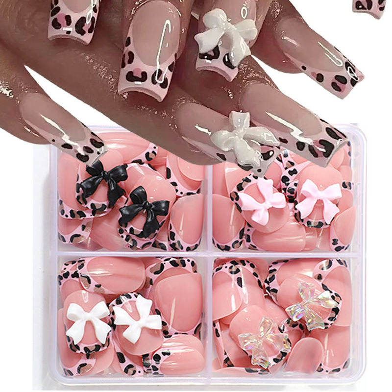 96 Pieces of Sweet and Cool Pink Leopard Print Multi-Color Bowknot Press-On Nails, French Short Square Nail Tips, Removable Nail Stickers Wholesale