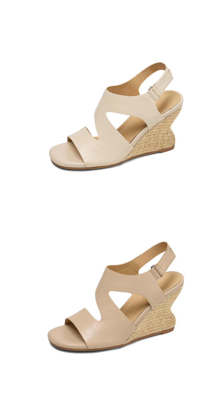Sandal cao gót nữ quai ngang mũi hở chất liệu da cừu, đế cao gót bọc cói, khóa dán tiện lợi — màu trắng ngà, màu mơ chi tiết 17